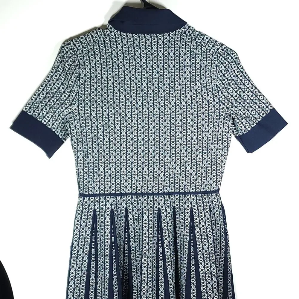 Tory Burch Gemini Link Small Knit Navy Jacquard Pleated Polo Dress NO BELT